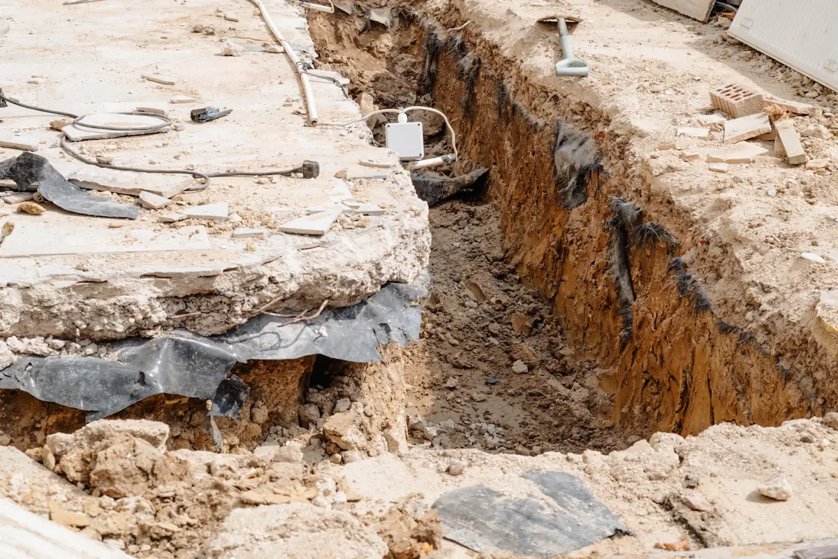 Open trench exposing buried water pipes during a service line excavation